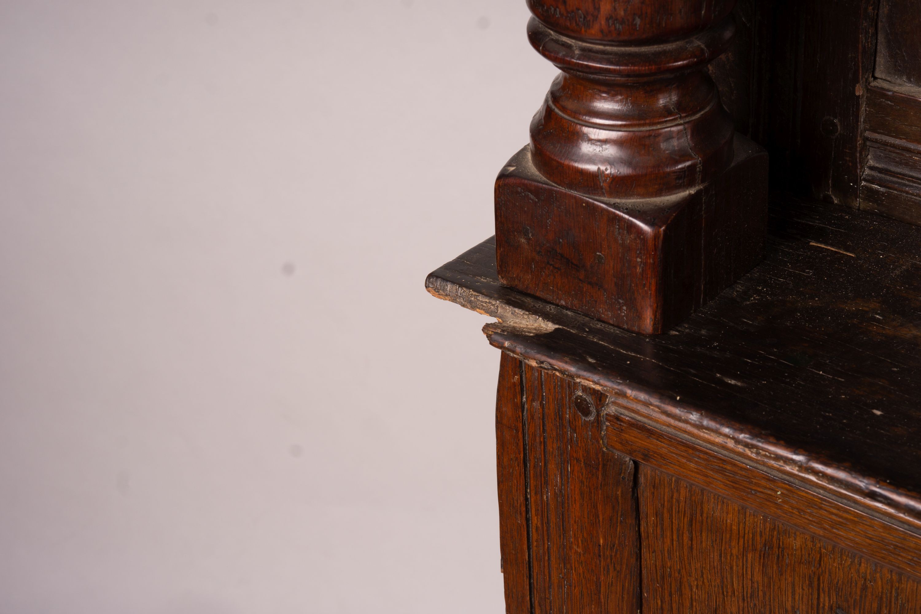 An early 18th century oak court cupboard, width 128cm, depth 59cm, height 172cm